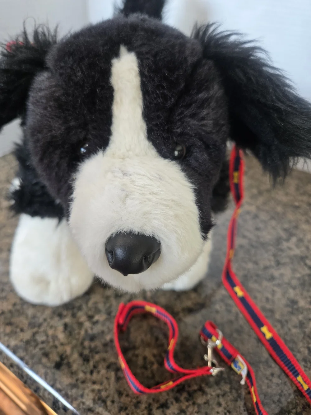 Build A Bear Workshop Black & White Plush Dog Toy with Red Patterned Leash